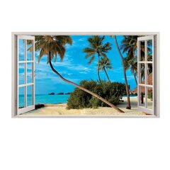 Vinyyli seinätarra 3D-ikkunalla ja merinäkymällä, ranta- ja palmumaisemalla - 130 x 80 cm hinta ja tiedot | Sisustustarrat | hobbyhall.fi