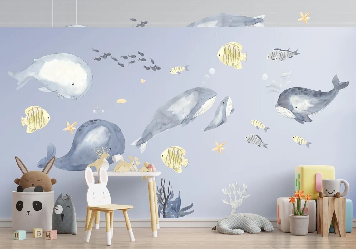 Vinyyli seinätarrat meri ja valaat meriteema sisustus lastenhuoneeseen - 200 x 200 hinta ja tiedot | Sisustustarrat | hobbyhall.fi
