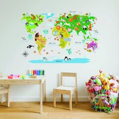 Suuri ja värikäs eläimillä varustettu maailmankartta seinätarra - sisustuselementti lastenhuoneeseen (180 x 121 cm) hinta ja tiedot | Sisustustarrat | hobbyhall.fi