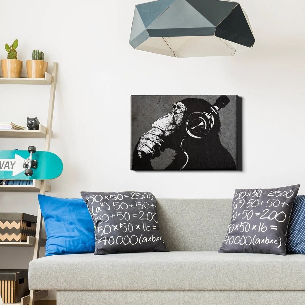 Banksyn Dj-apina mustissa kuulokkeissa -seinäkangasgrafiitti sisustus 60 x 40 cm hinta ja tiedot | Taulut | hobbyhall.fi