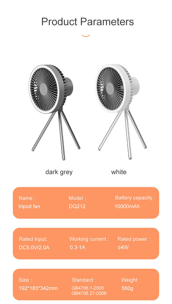 Langaton ladattava 10000 mAh tuuletin rengasvalolla, DQ212 hinta ja tiedot | Tuulettimet | hobbyhall.fi