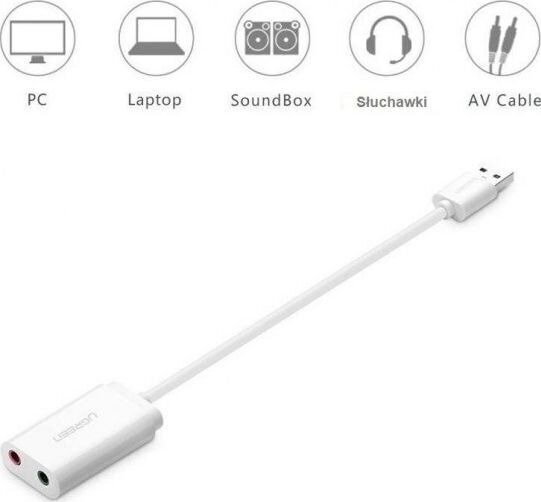 Sovitin USB Ugreen 2.0 - 3.5 mm minijakki (US205 30143), valkoinen. hinta ja tiedot | Adapterit | hobbyhall.fi