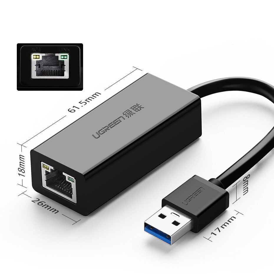 Adapter Ugreen 3.2 Gen 1 1000 Mbps Gigabit Ethernet ulkoinen verkkosovitin, musta (CR111 20256) hinta ja tiedot | Puhelinkaapelit | hobbyhall.fi