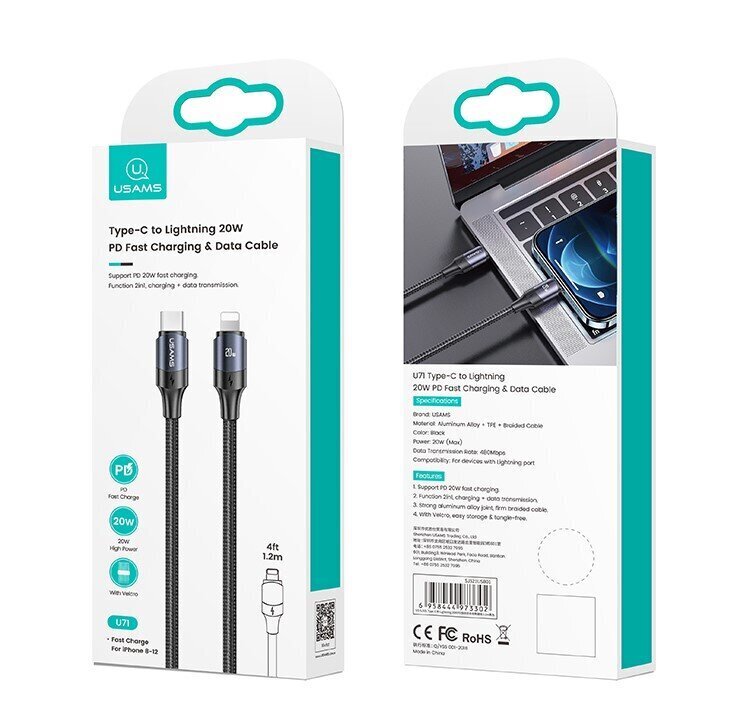 USAMS U71 USB-C Lightning PD 2m, musta hinta ja tiedot | Puhelinkaapelit | hobbyhall.fi