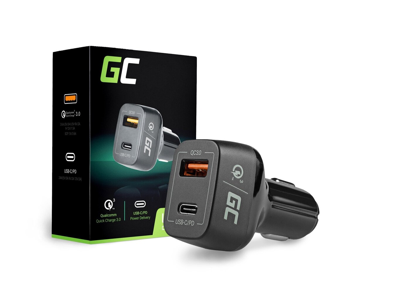 Green Cell In-Car Charger with USB-C Power Delivery + USB Quick Charge 3.0 hinta ja tiedot | Puhelimen laturit | hobbyhall.fi