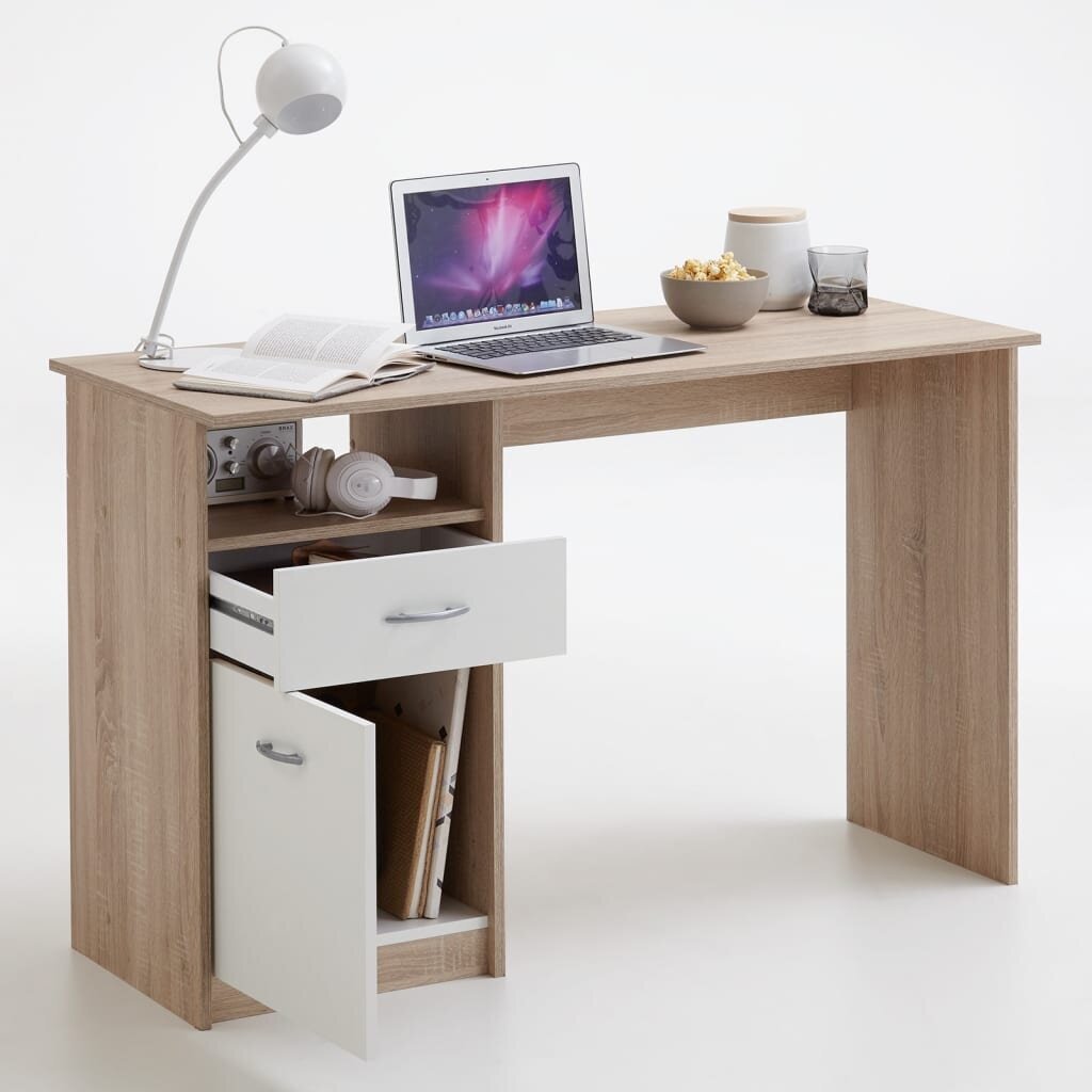 FMD Pöytä 1 laatikko 123x50x76,5 cm tammi ja valkoinen hinta ja tiedot | Tietokonepöydät ja työpöydät | hobbyhall.fi