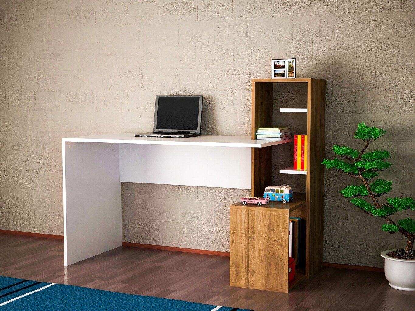 Side-työpöytä hyllyillä, valkoinen/ruskea hinta ja tiedot | Tietokonepöydät ja työpöydät | hobbyhall.fi