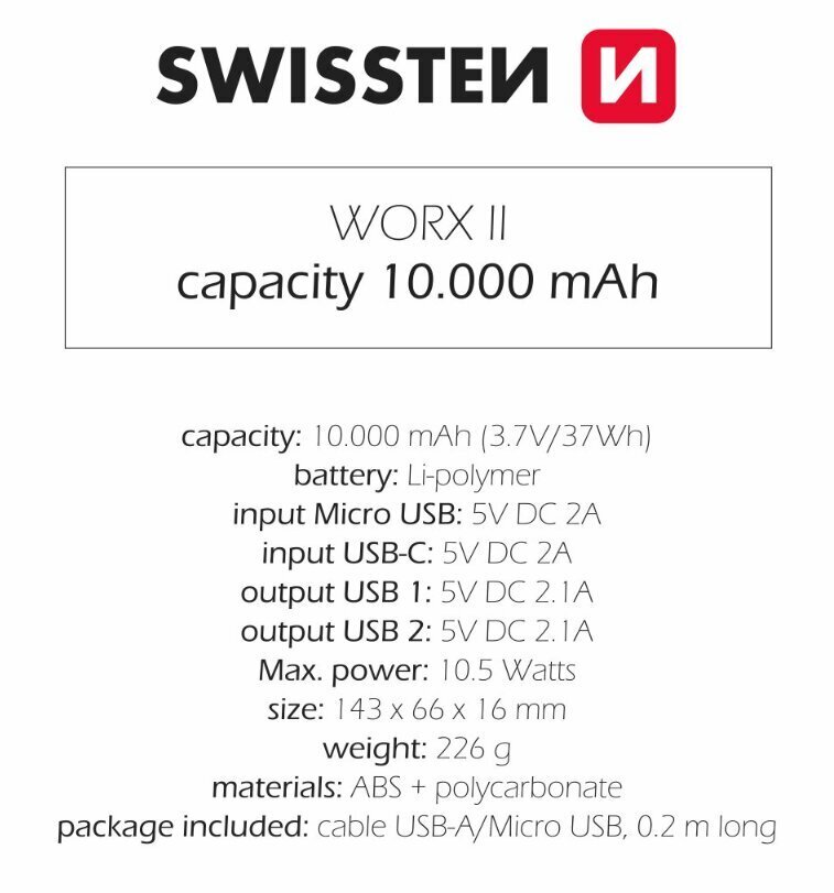 Swissten Worx II 10000 mAh hinta ja tiedot | Varavirtalähteet | hobbyhall.fi