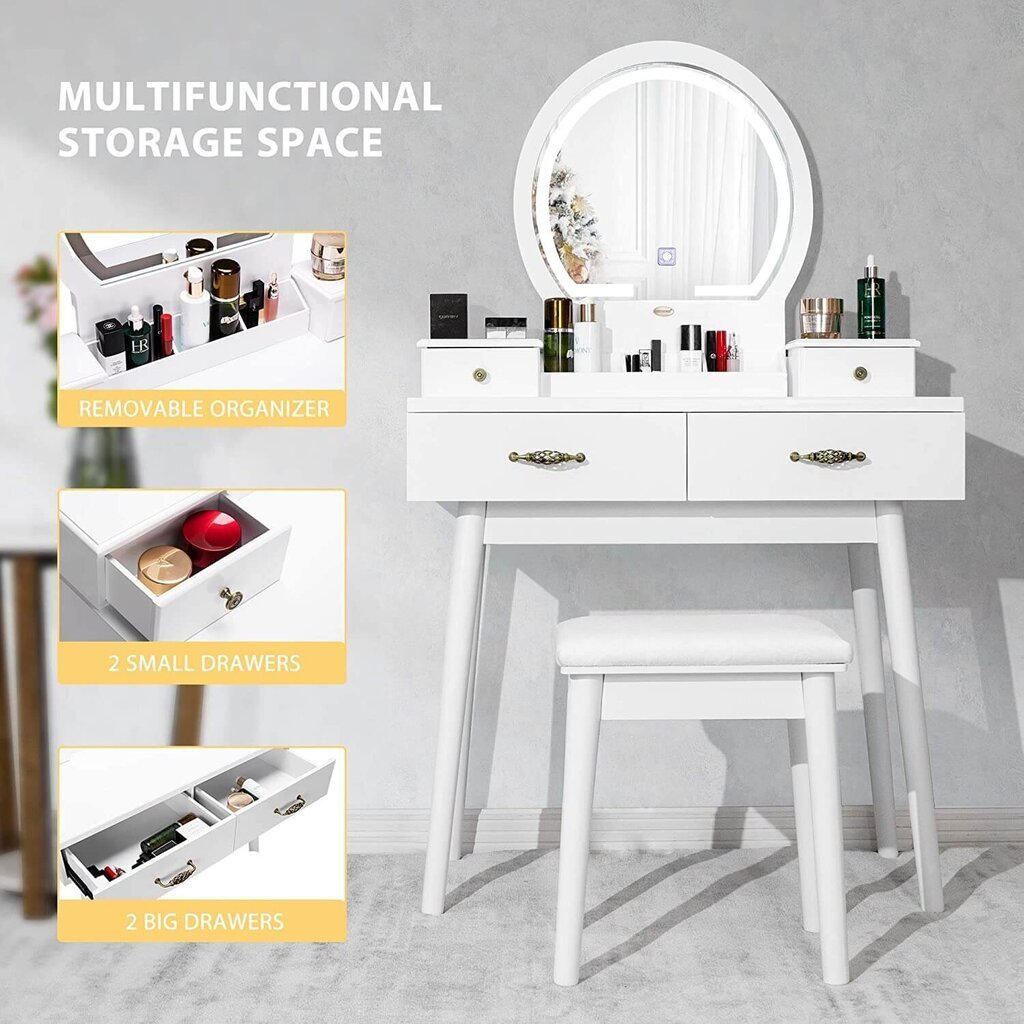 Peilipöytä KS185 LED-valaistuksella ja pehmeällä tuolilla, valkoinen hinta ja tiedot | Peilipöydät | hobbyhall.fi