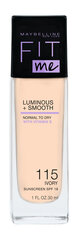 Maybelline Fit Me Luminous + Smooth -meikkivoide 115 Ivory, 30ml hinta ja tiedot | Meikkivoiteet ja puuterit | hobbyhall.fi