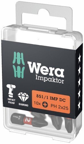 Ruuvimeisseli Impaktor kärjet Wera 851/, PH 3 x 25mm, 10kpl hinta ja tiedot | Käsityökalut | hobbyhall.fi