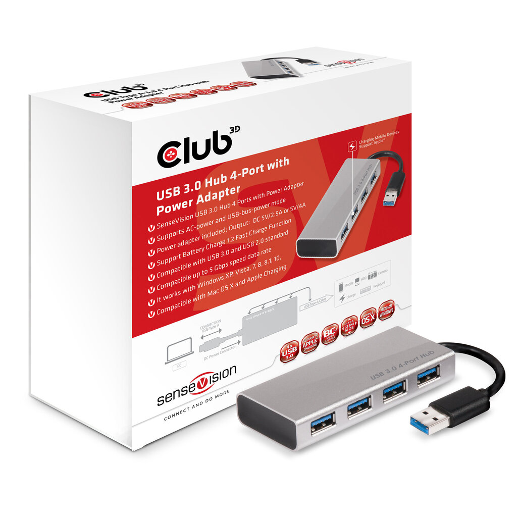 CLUB 3D USB 3.0 4-Port Hub with Power Ad hinta ja tiedot | Adapterit | hobbyhall.fi