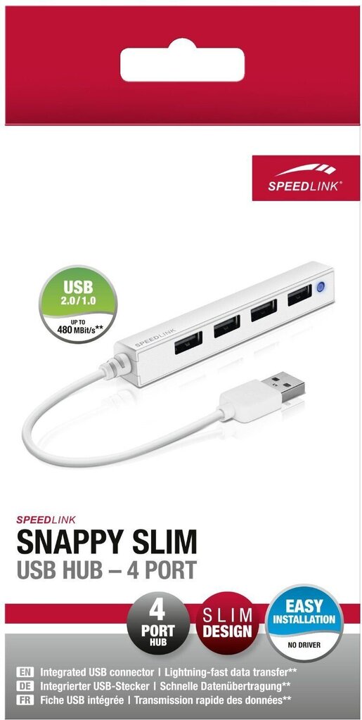 Speedlink USB-keskitin Snappy Slim 4-porttinen USB 2.0 Passiivinen, valkoinen (SL-140000-WE) hinta ja tiedot | Adapterit | hobbyhall.fi