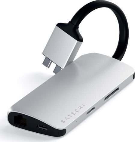 Satechi USB-C Multimeda Dual 4K HDMI Space Silver USB hub hinta ja tiedot | Adapterit | hobbyhall.fi