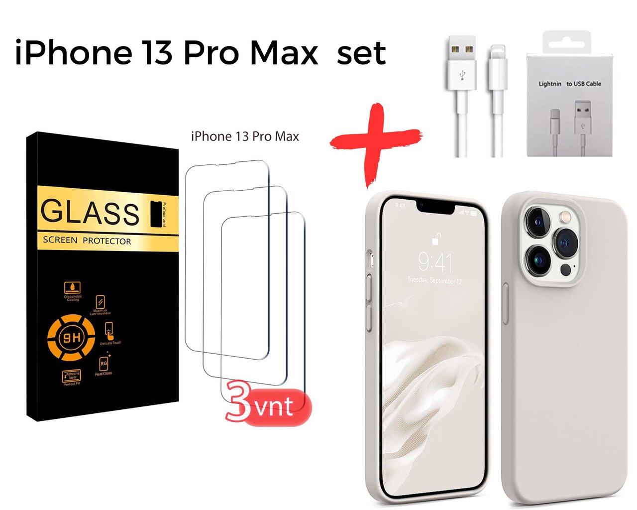 iPhone 13 Pro Max puhelinsetti 3 kpl lasit, latauskaapeli ja kotelo kermanväriset hinta ja tiedot | Näytönsuojakalvot ja -lasit | hobbyhall.fi