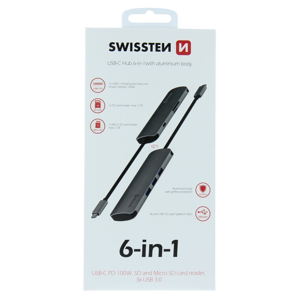 Swissten USB-C Hub 6in1 ja 3X USB 3.0 / 1X USB-C Power Delivery / 1X microSD / 1X SD / alumiinirunko hinta ja tiedot | Adapterit | hobbyhall.fi