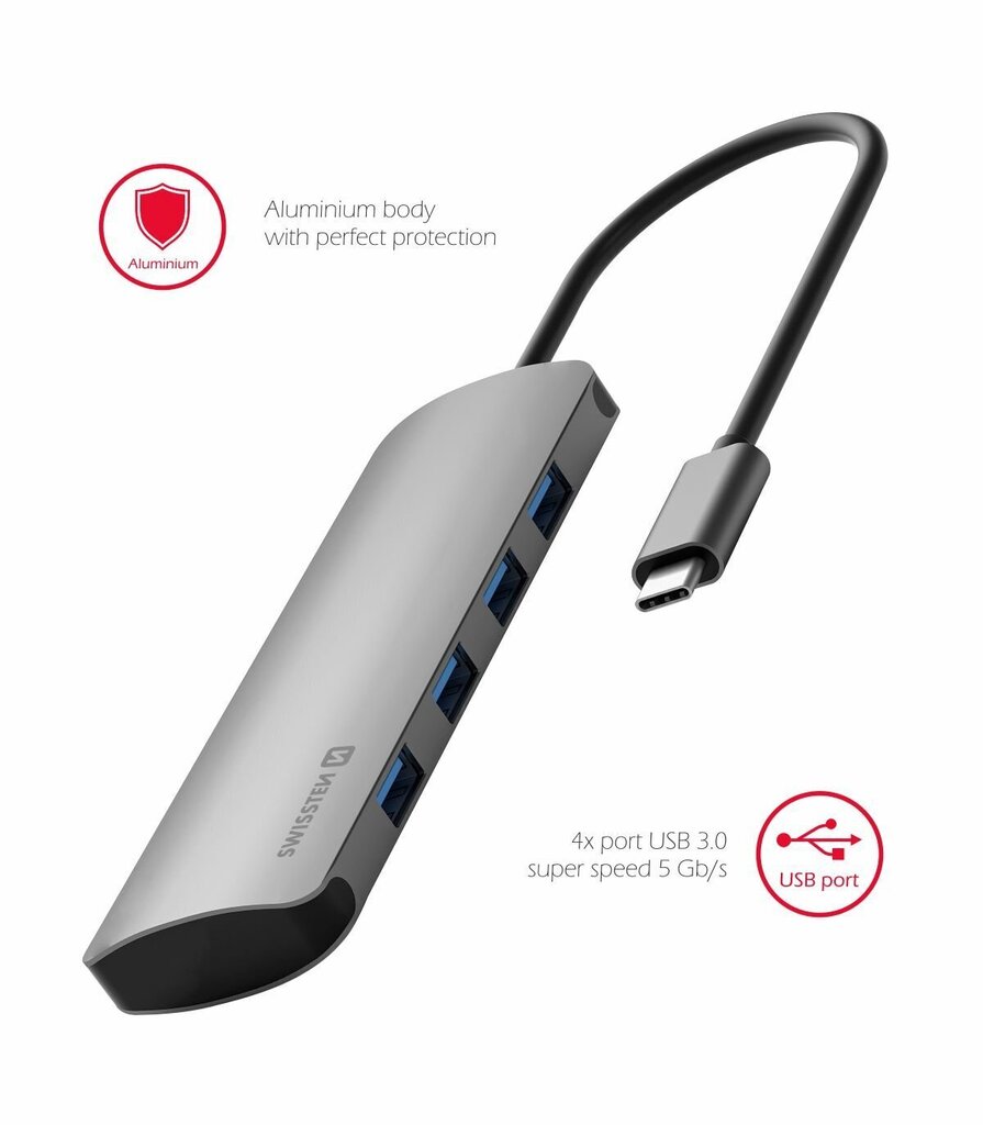 Swissten USB-C Hub 4in1, 4 USB 3.0 -porttia / alumiinirunko hinta ja tiedot | Adapterit | hobbyhall.fi