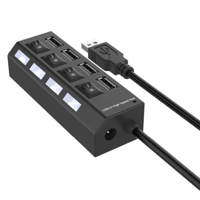 RoGer USB Hub - Jakaja 4 x USB 2.0, On / Off painikkeilla, musta hinta ja tiedot | Adapterit | hobbyhall.fi