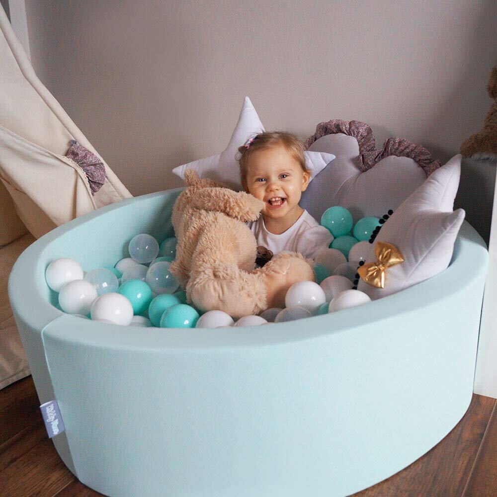 KiddyMoon pehmeä pallomeri pyöreä 90x40cm/300 pallot ∅ 7cm , vaaleanharmaa: baby blue/light pink/pearl hinta ja tiedot | Vauvan lelut | hobbyhall.fi