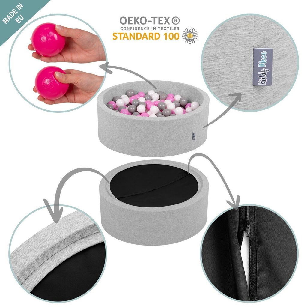 KiddyMoon pehmeä pallomeri pyöreä 90x40cm/300 palloa ∅ 7cm , vaaleanharmaa / helmiäinen / harmaa hinta ja tiedot | Vauvan lelut | hobbyhall.fi