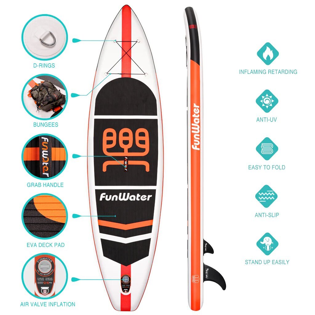 Ilmatäytteinen mela FunWater, 335x84x15 cm, oranssi hinta ja tiedot | SUP-laudat | hobbyhall.fi