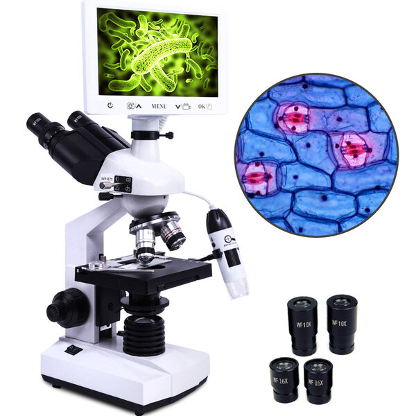 Ammattimainen biologinen mikroskooppi näytöllä ja 2 okulaarilla, 1600x