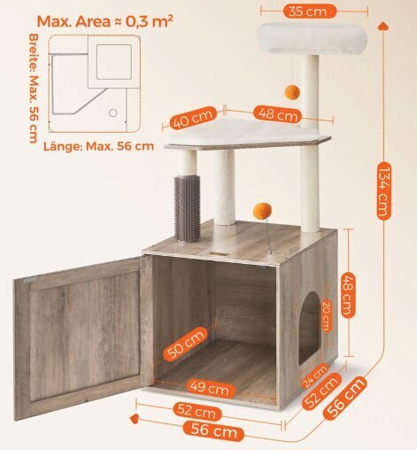 Kissan raapimispiste ja hiekkalaatikko, 52 x 52 x 134 cm, harmaa ja ruskea hinta ja tiedot | Raapimispuut ja kiipeilypuut | hobbyhall.fi