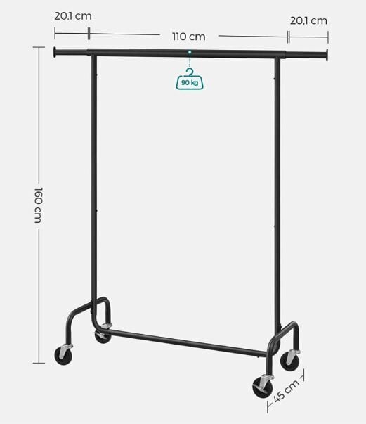 Vaatetanko pyörillä, 45 x (110-150) x 160 cm, mattamusta hinta ja tiedot | Naulakot | hobbyhall.fi