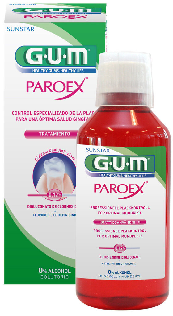 KLOORIHEKSIDIINIÄ SISÄLTÄVÄ SUUVESI GUM PAROEX 0,12 %, 300 ML/1784/ hinta ja tiedot | Suuhygienia | hobbyhall.fi