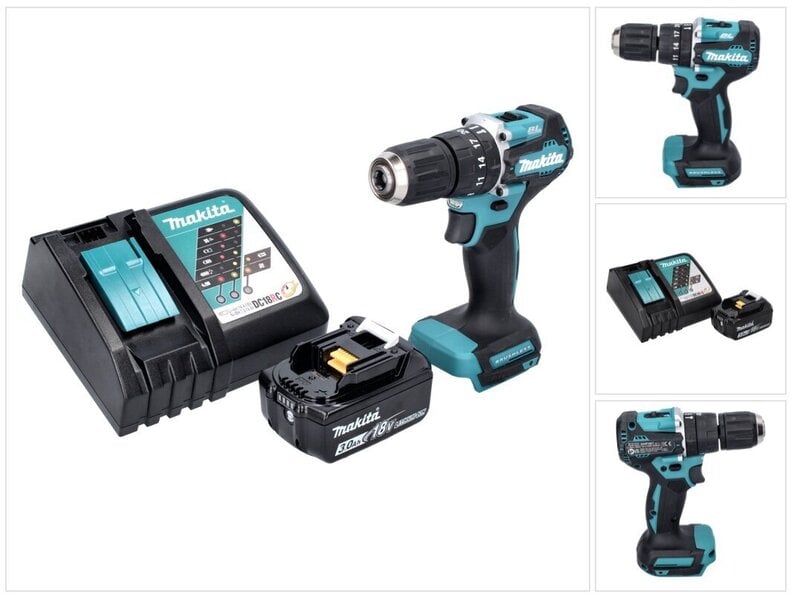 Makita DHP 487 RF1 akkuiskuporakone 18 V 40 Nm ja akku 3,0 Ah sekä laturi