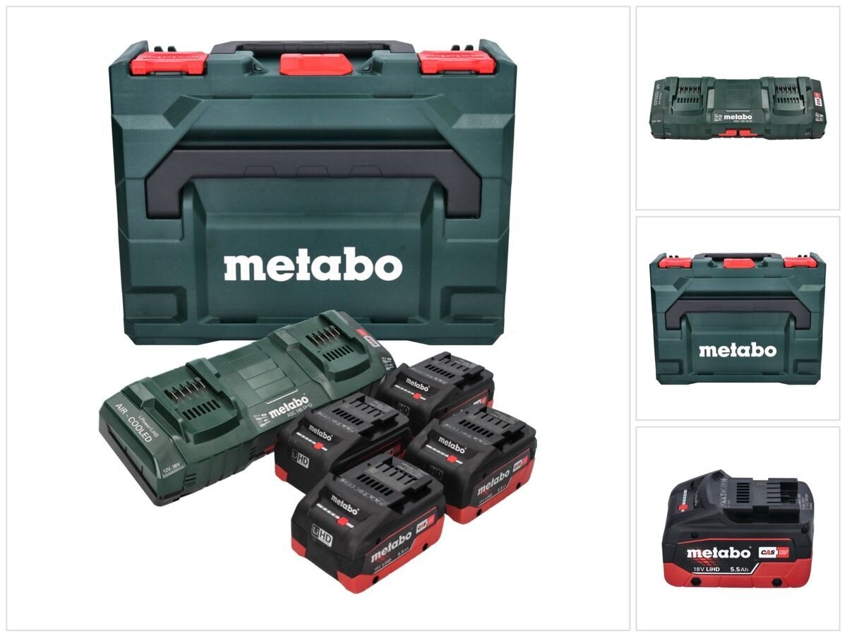 Metabo virtalähdesarja 4x LiHD akkupaketti 18 V 5,5 Ah Li-Ion akku + ASC 145 DUO kaksoislaturilla + metaBOX hinta ja tiedot | Akkuporakoneet ja ruuvinvääntimet | hobbyhall.fi