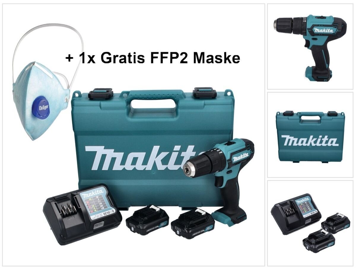 Makita HP 333 DWAE akkukäyttöinen iskuporakone 12 V 30 Nm ja 2x akku 2,0 Ah sekä laturi, FFP2 maski ja suojakotelo hinta ja tiedot | Akkuporakoneet ja ruuvinvääntimet | hobbyhall.fi