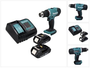 Makita DDF 453 SYX4 akkukäyttöinen porakone 18 V 42 Nm, sekä 2 akkua 1,5 Ah ja laturi hinta ja tiedot | Akkuporakoneet ja ruuvinvääntimet | hobbyhall.fi