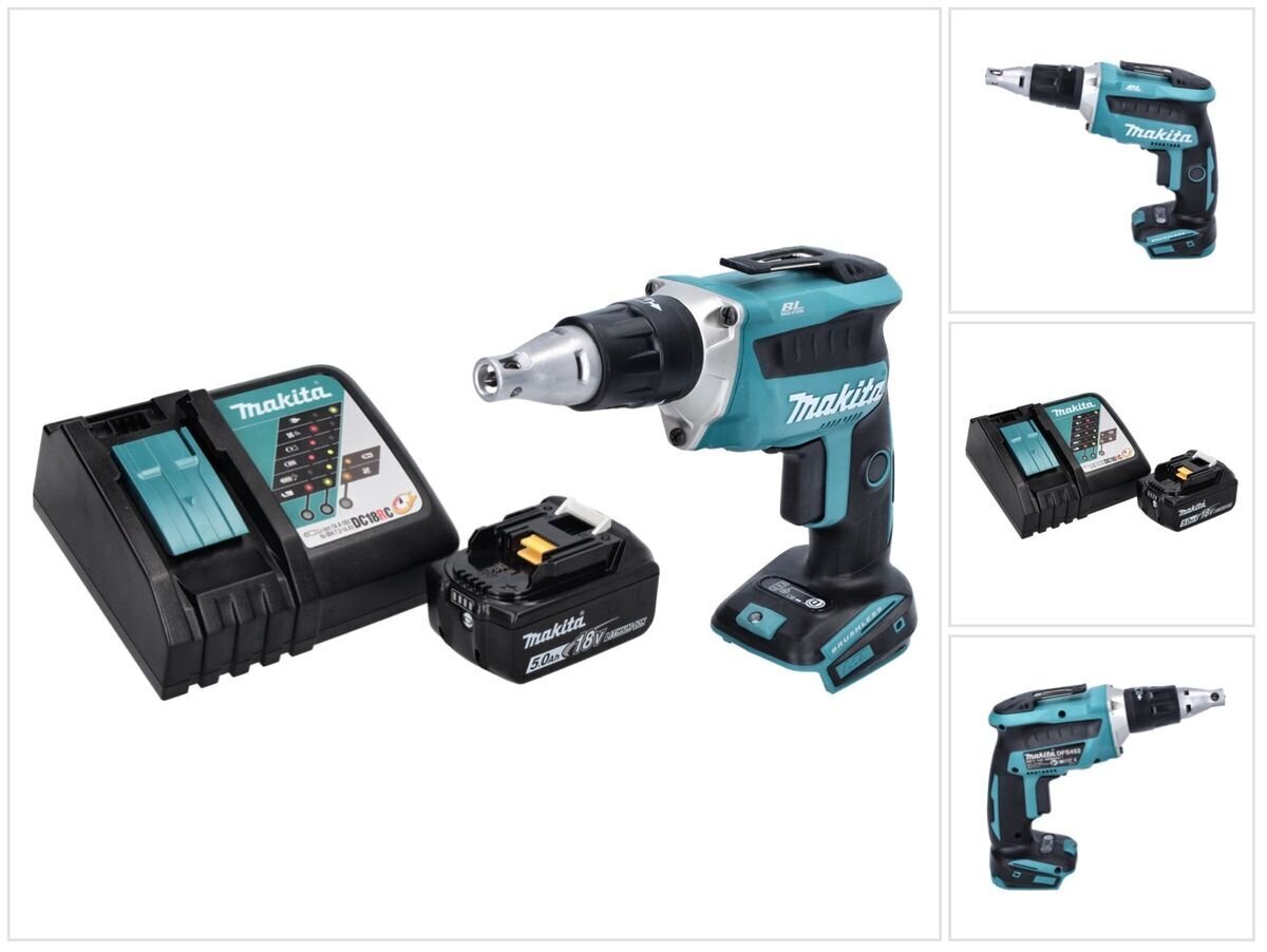 Makita DFS 452 RT1 Akkukäyttöinen kipsilevyruuvinväännin 18 V, yksi akku 5,0 Ah sekä laturi hinta ja tiedot | Akkuporakoneet ja ruuvinvääntimet | hobbyhall.fi