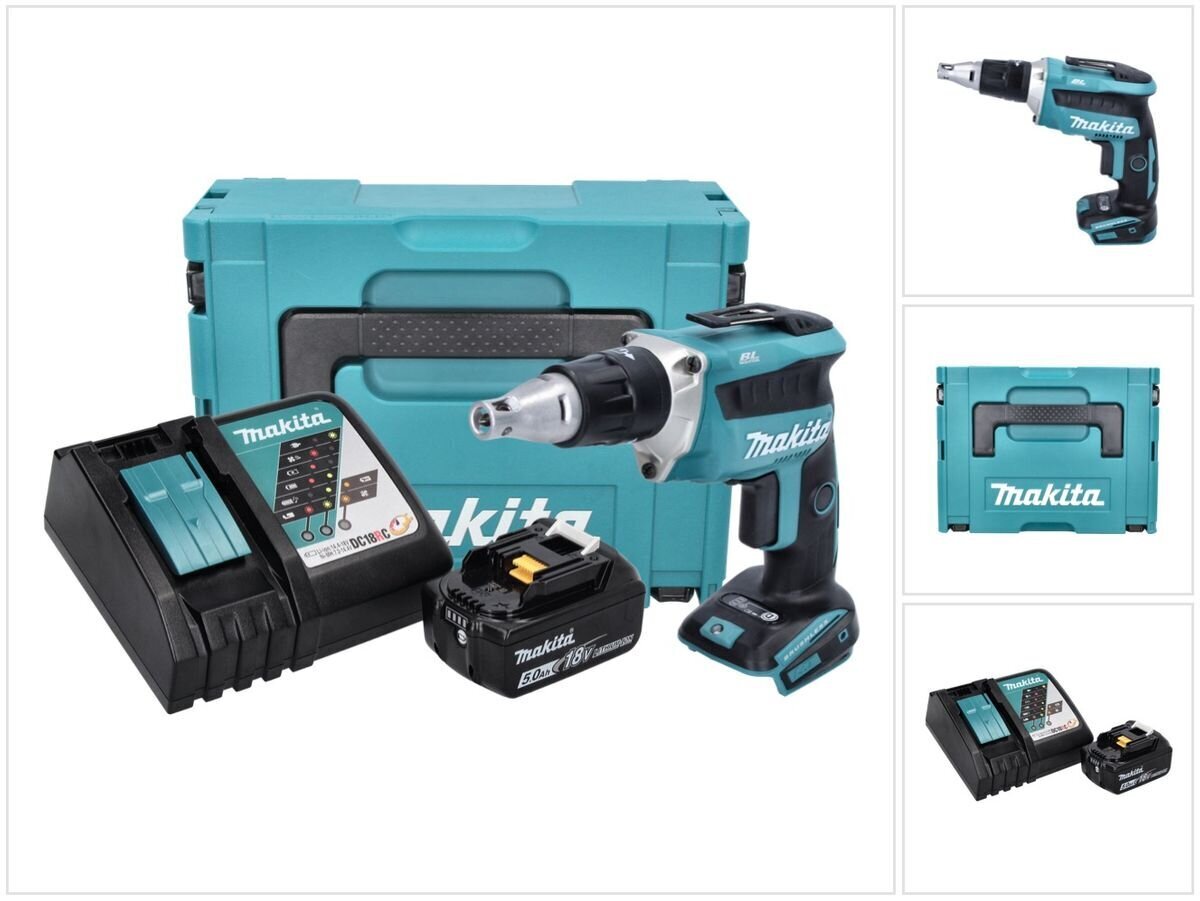 Makita DFS 452 RT1J Akkukäyttöinen kipsilevyruuvinväännin 18 V, yksi akku 5,0 Ah sekä laturi ja Makpac hinta ja tiedot | Akkuporakoneet ja ruuvinvääntimet | hobbyhall.fi