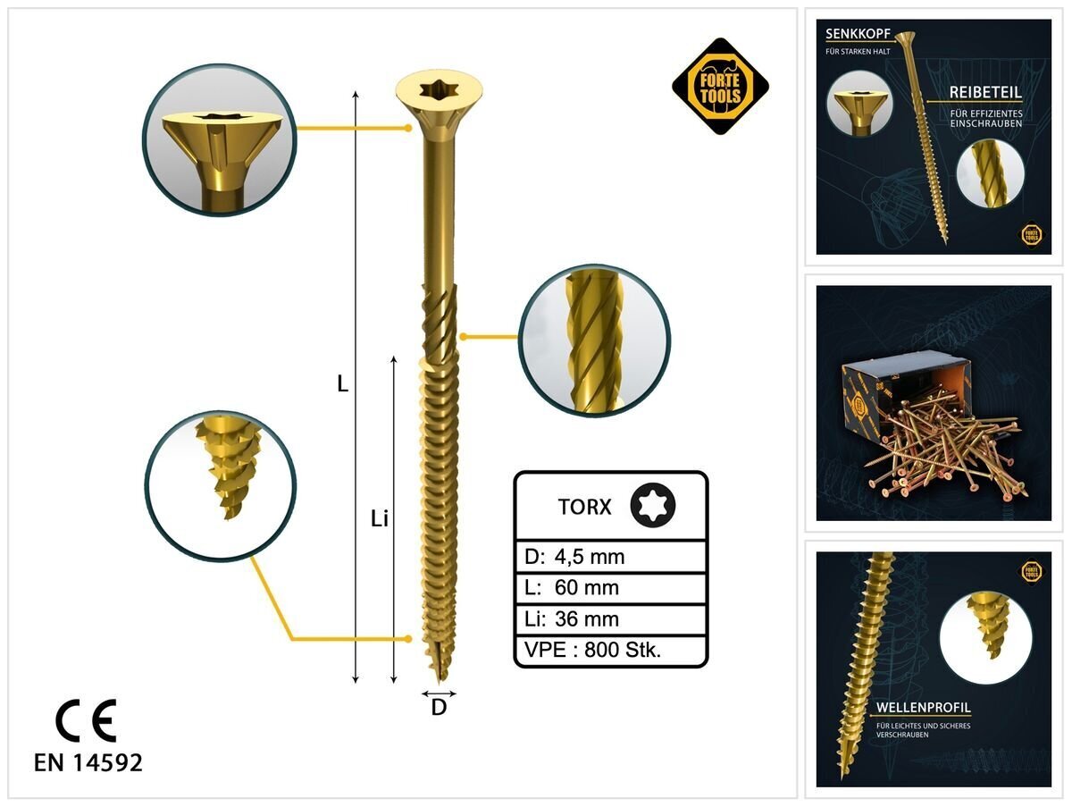 FORTE Tools Universal Puuruuvi 4,5 x 60 mm T20 800 kpl (4x 000051399480) keltainen sinkitty Torx upotettu pää hinta ja tiedot | Kiinnitystarvikkeet | hobbyhall.fi