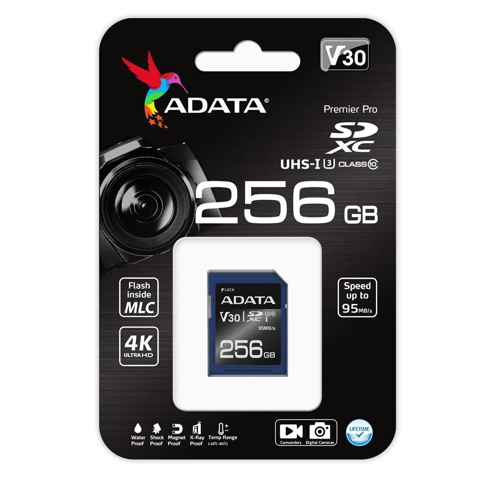 ADATA Premier Pro UHS-I SDXC, 256 GB, Flash memory class 10, U3, V30, 85 MB hinta ja tiedot | Puhelimen muistikortit | hobbyhall.fi