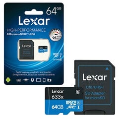 Lexar High-Performance 633x UHS-I micro SDXC, 64 GB, Class 10, U3, V30, A1, 45 MB hinta ja tiedot | Lexar Puhelimet, älylaitteet ja kamerat | hobbyhall.fi