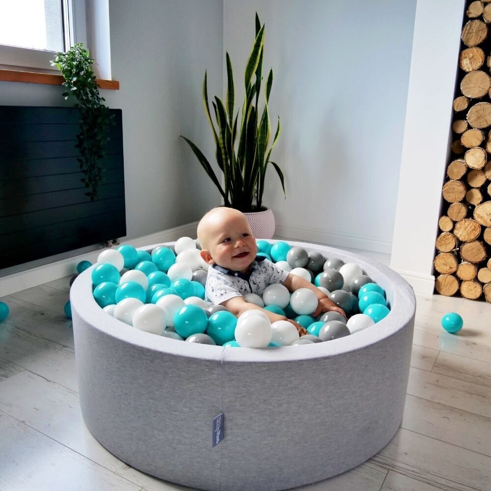 KiddyMoon pehmeä pallomeri neljännes kulmikas 90x30cm/300 pallot ∅ 7cm , vaaleanharmaa: vaalea turkoosi / valkoinen / lä hinta ja tiedot | Vauvan lelut | hobbyhall.fi