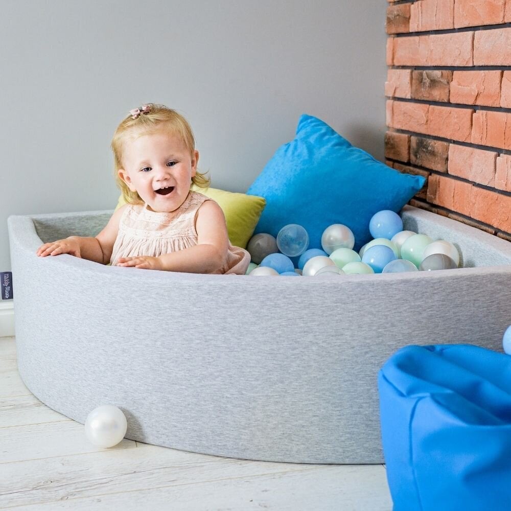 KiddyMoon pehmeä pallomeri pyöreä 120x30cm/200 pallot ∅ 7cm vaaleanharmaa:pearl-grey-transparent-babyblu hinta ja tiedot | Vauvan lelut | hobbyhall.fi