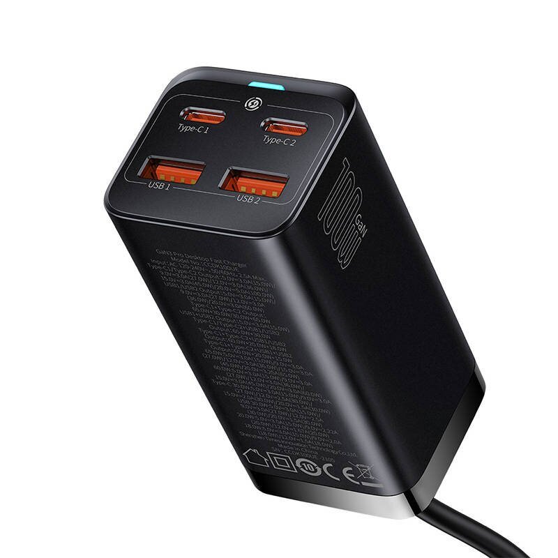 Baseus Baseus GaN3 Pro 2xUSB-C + 2xUSB seinälaturi, 100W (musta) hinta ja tiedot | Puhelimen laturit | hobbyhall.fi