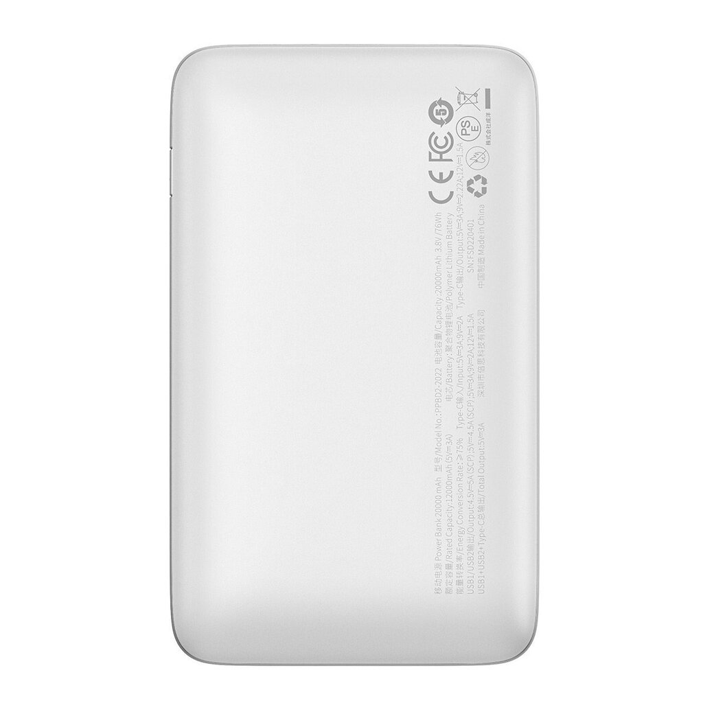 Baseus Powerbank Baseus Bipow Pro 20000mAh, 2xUSB, USB-C, 22,5W (valkoinen) hinta ja tiedot | Varavirtalähteet | hobbyhall.fi