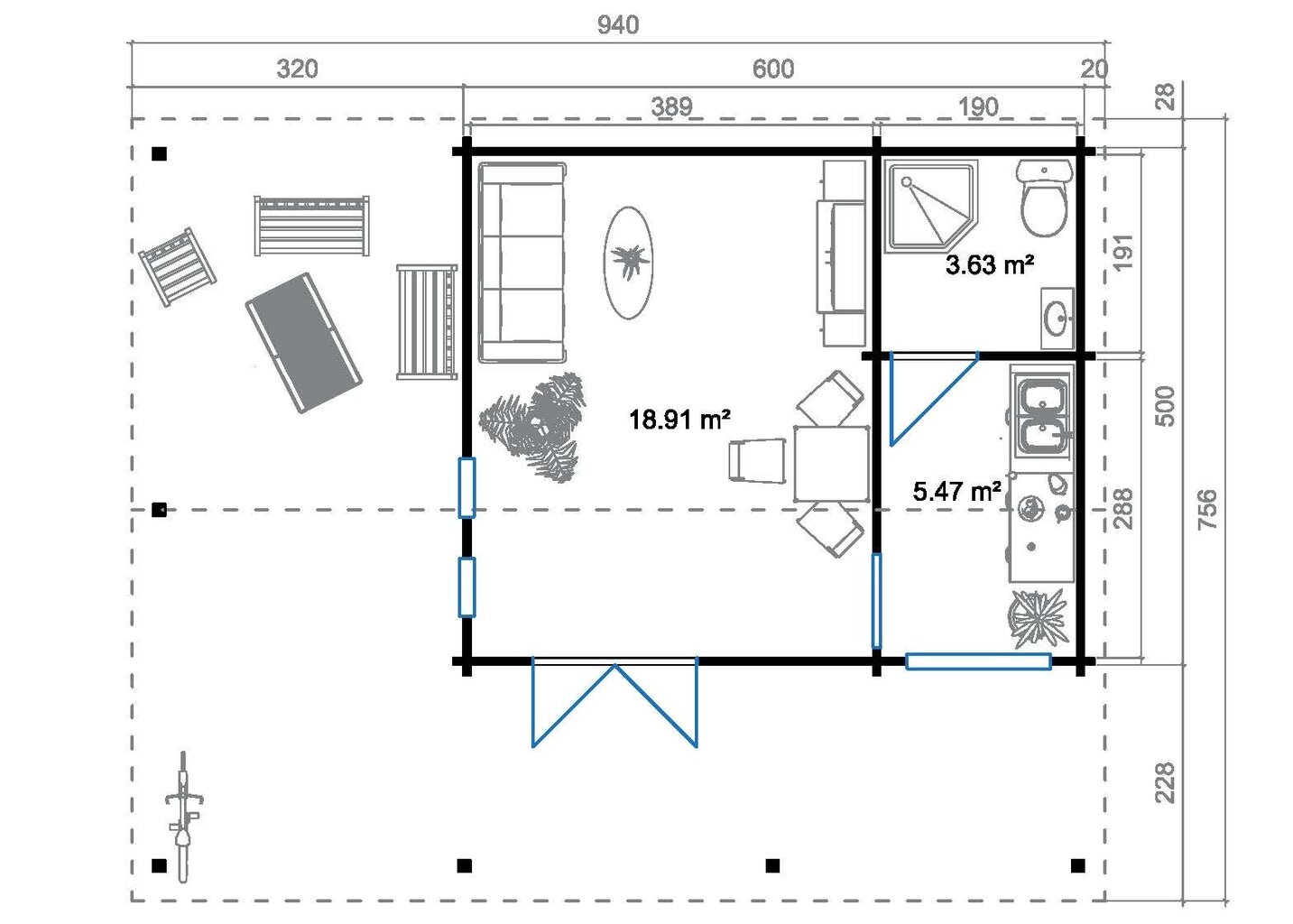 Kesämökki Blue Hotel 28,5 m²+ terassi 21 m² 70 mm höylähirrestä hinta ja tiedot | Piharakennukset | hobbyhall.fi