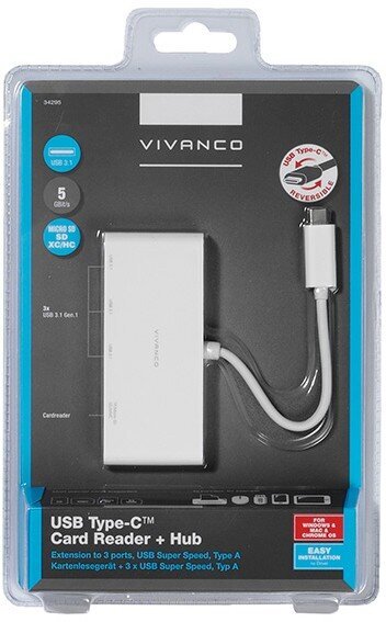 Vivanco USB hub USB-C + card reader, white (34295) hinta ja tiedot | Adapterit | hobbyhall.fi