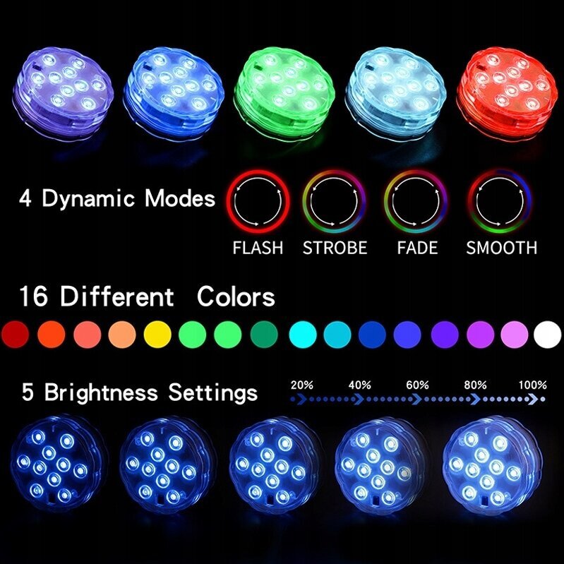 Neljä allasvaloa, vedenalaiset 16 värin RGB LED-valot kaukosäätimellä hinta ja tiedot | Uima-allastarvikkeet | hobbyhall.fi