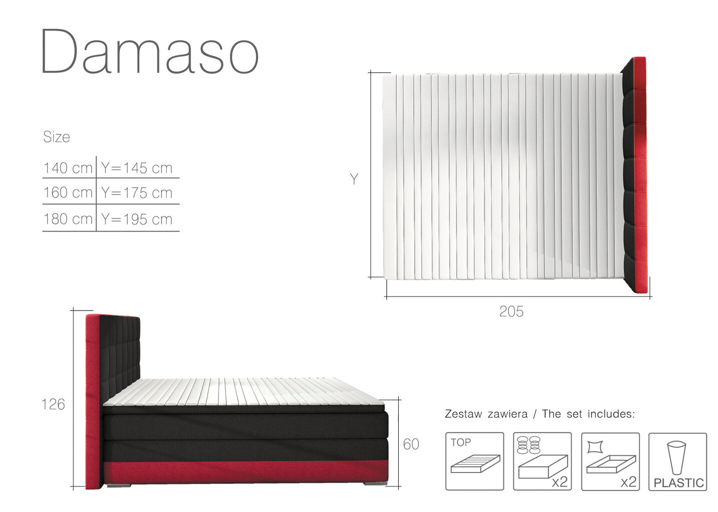 Damaso, sänky 180 cm x 200 cm, mustan / valkoisen värinen hinta ja tiedot | Sängyt | hobbyhall.fi