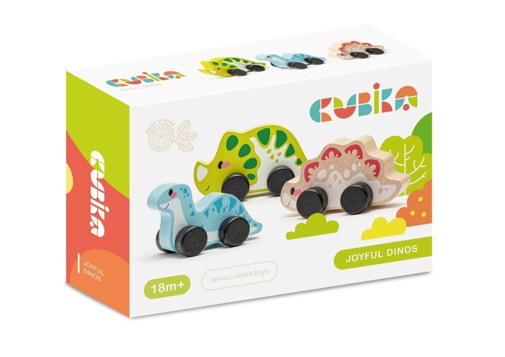 Kolmen hauskan dinosauruksen puinen setti, Cubika hinta ja tiedot | Vauvan lelut | hobbyhall.fi