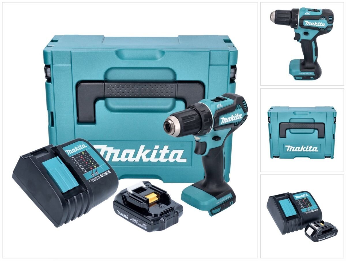 Makita DDF 485 SY1J akkuporakone 18 V 50 Nm + 1x 1,5 Ah akku + laturi + Makpac hinta ja tiedot | Akkuporakoneet ja ruuvinvääntimet | hobbyhall.fi