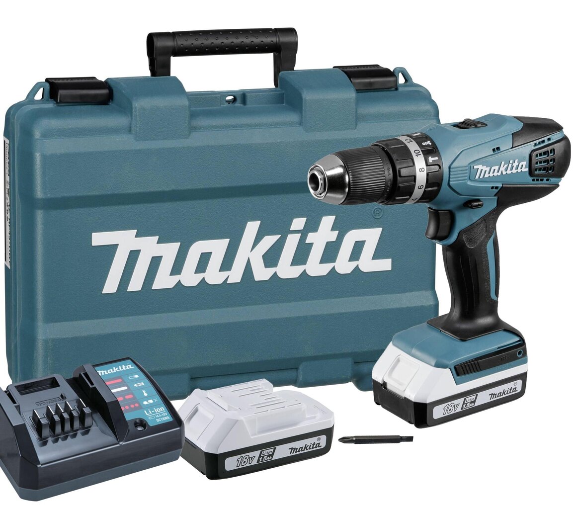 Makita DF 457 DWE 10 akkuporakone 18 V 42 Nm G-sarja + 2x akku 1,5 Ah + laturi + 101-osainen porasarja + laukku hinta ja tiedot | Akkuporakoneet ja ruuvinvääntimet | hobbyhall.fi