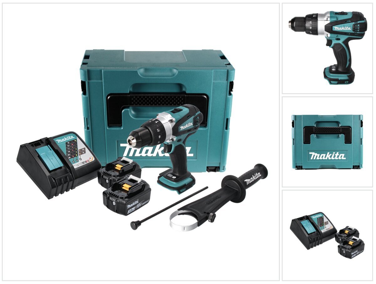 Makita DHP 458 RFJ akkuiskuporakone 18 V 91 Nm + 2x akku 3,0 Ah + laturi + Makpac hinta ja tiedot | Akkuporakoneet ja ruuvinvääntimet | hobbyhall.fi